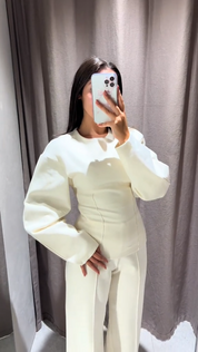Dames Tweedelige Set Oversized Trui en Wide Leg Broek Casual Chic - Gebroken Wit / Grijs / Zwart - Maelen