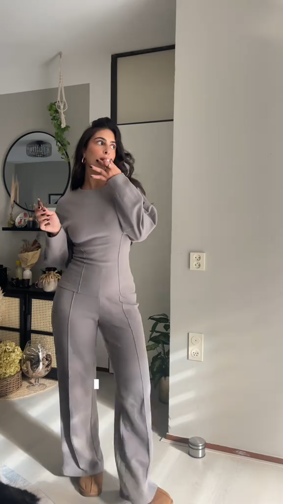 Dames Tweedelige Set Oversized Trui en Wide Leg Broek Casual Chic - Gebroken Wit / Grijs / Zwart - Maelen