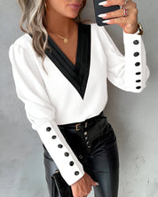 Caris Blouse | Blouse met Colour Block Design, V-Hals en Lange Mouwen