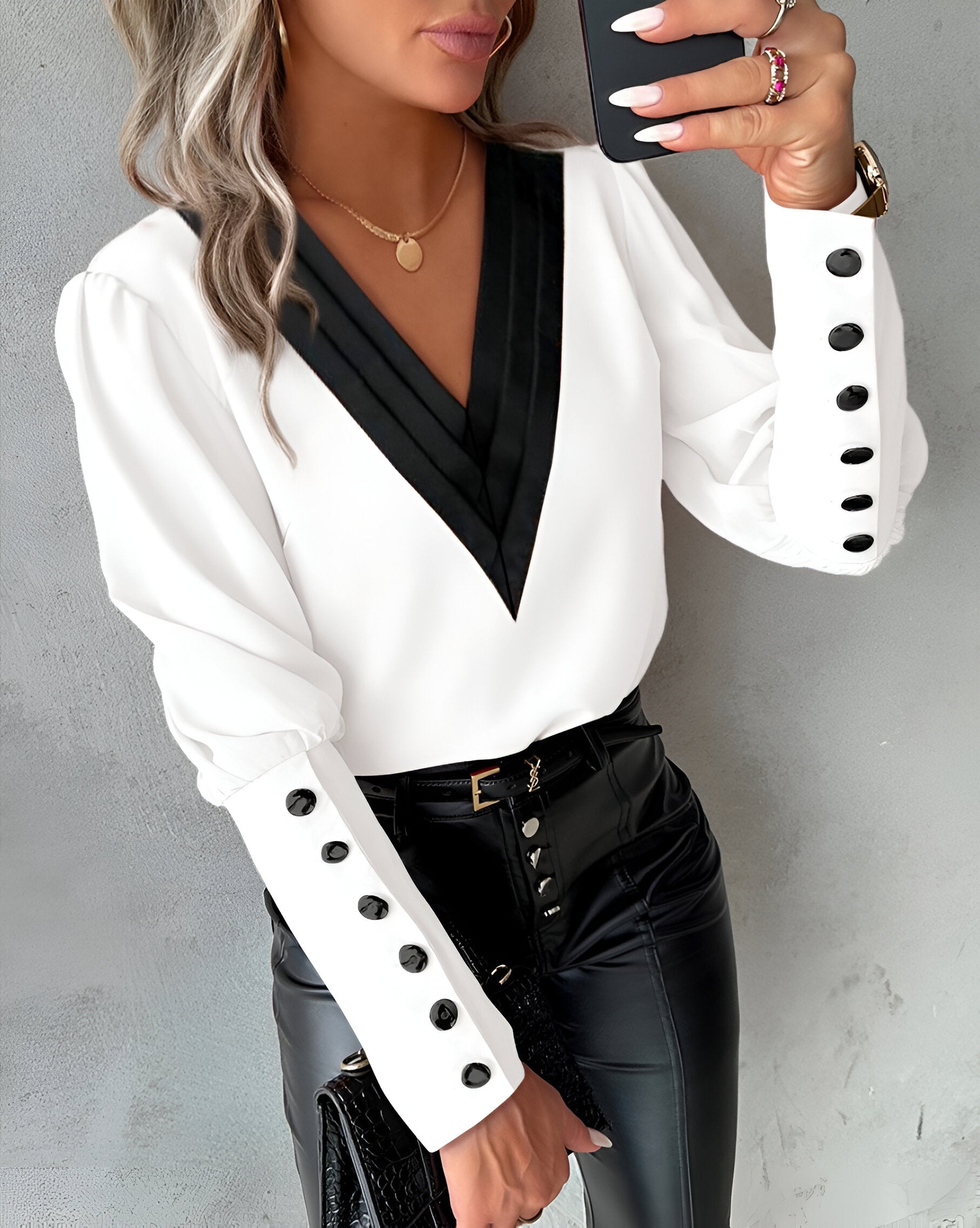 Caris Blouse | Blouse met Colour Block Design, V-Hals en Lange Mouwen