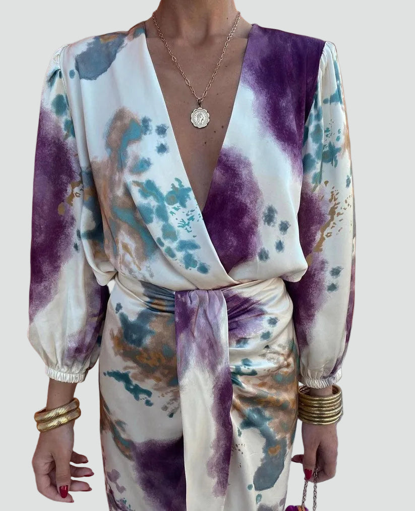 Wikkeljurk Midi Dames met Tie-Dye Print en V-hals, Elegant voor Cocktail en Feest - Rossella Amati