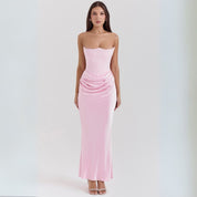 Alessia dames satijnen strapless corsetjurk – elegante maxi-jurk met geplooid detail