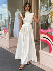 Polina Lange Mock Neck Jurk Dames met Cut-out Detail, Mouwloos en Zakken - Zwart/Roze/Lichtblauw