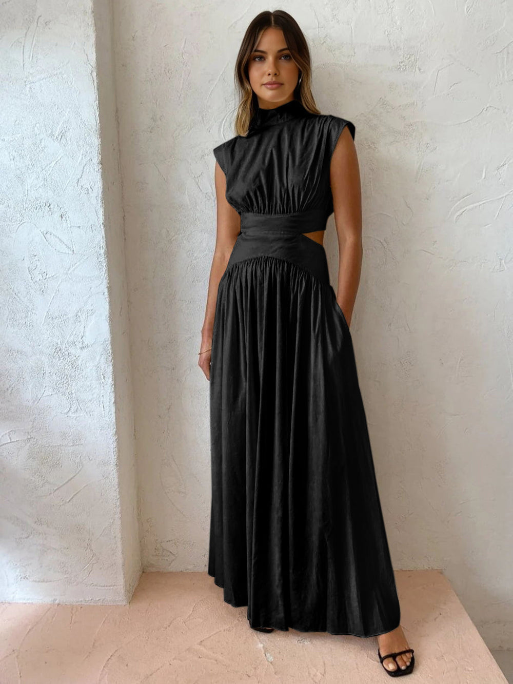Polina Lange Mock Neck Jurk Dames met Cut-out Detail, Mouwloos en Zakken - Zwart/Roze/Lichtblauw