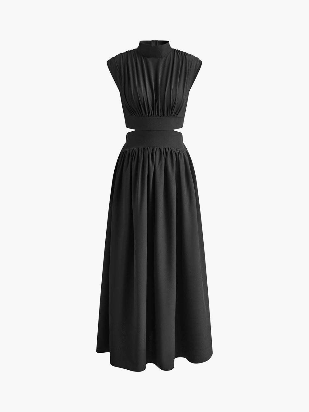 Polina Lange Mock Neck Jurk Dames met Cut-out Detail, Mouwloos en Zakken - Zwart/Roze/Lichtblauw