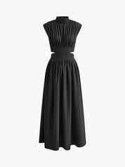 Polina Lange Mock Neck Jurk Dames met Cut-out Detail, Mouwloos en Zakken - Zwart/Roze/Lichtblauw