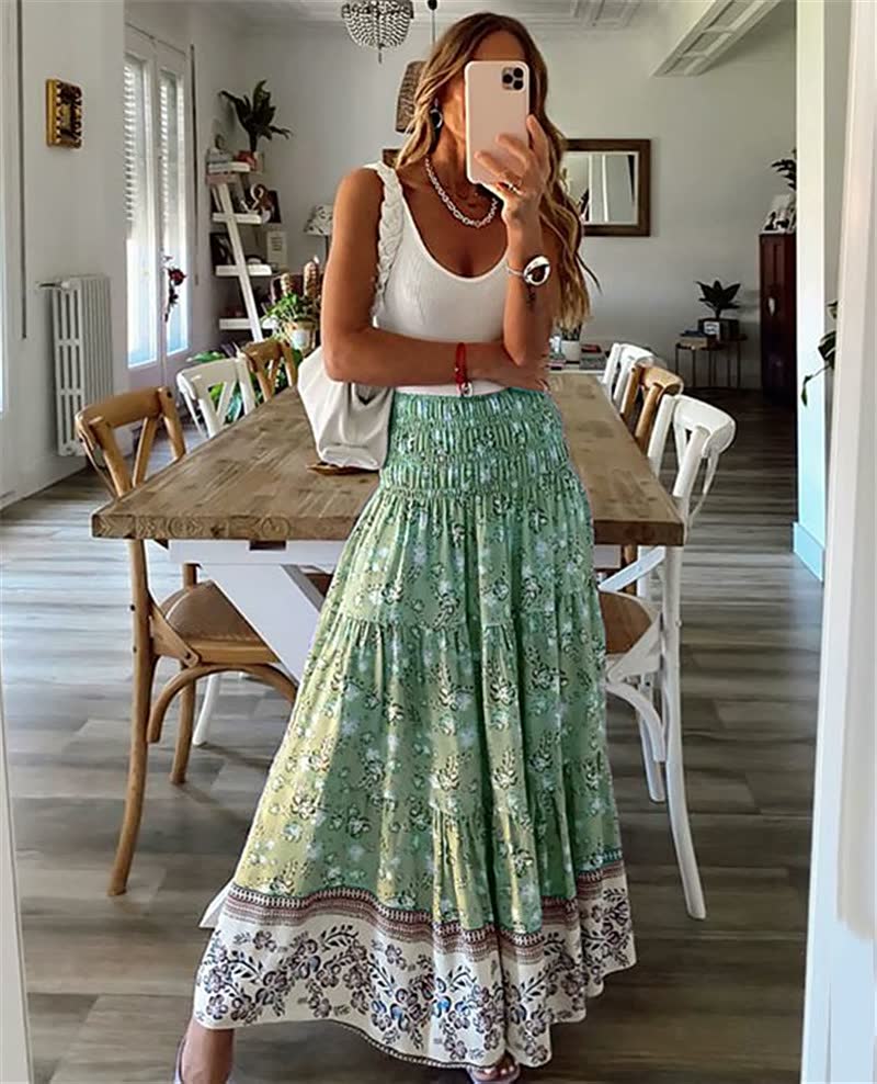 Chiara Rok | Bohemian Maxi Rok met Uniek Bloemendesign en Elastische Taille