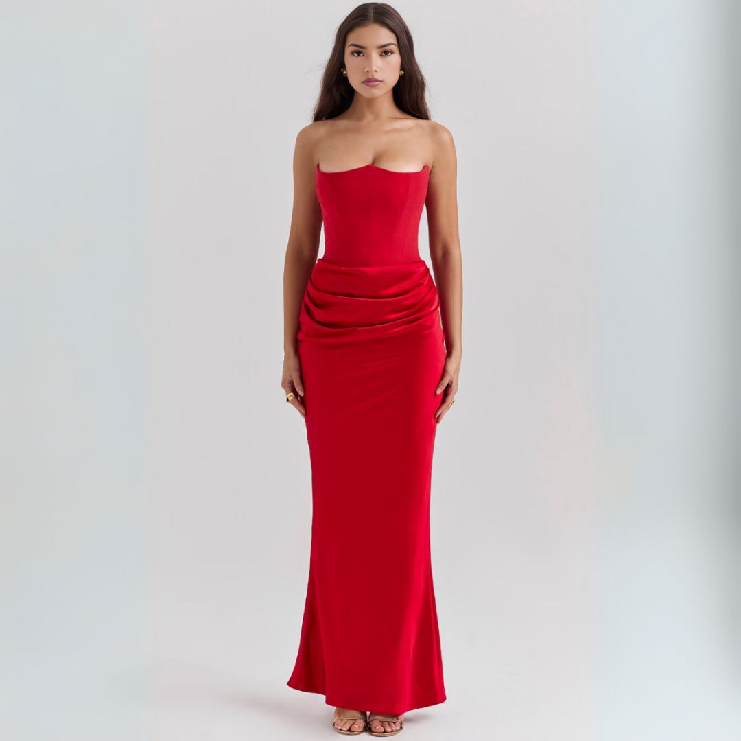 Alessia dames satijnen strapless corsetjurk – elegante maxi-jurk met geplooid detail