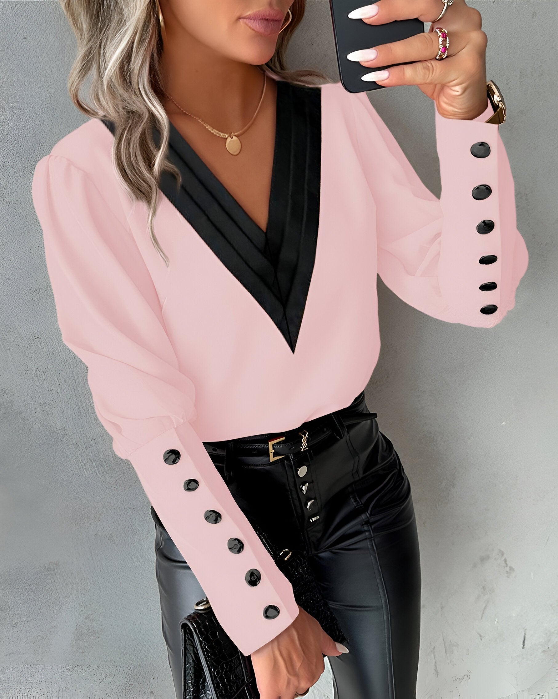 Caris Blouse | Blouse met Colour Block Design, V-Hals en Lange Mouwen