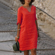 Dames Linnen Zomerjurk Losse Pasvorm Casual Comfortabel Lente Zomer - Oranje / Zwart / Khaki - Maelen