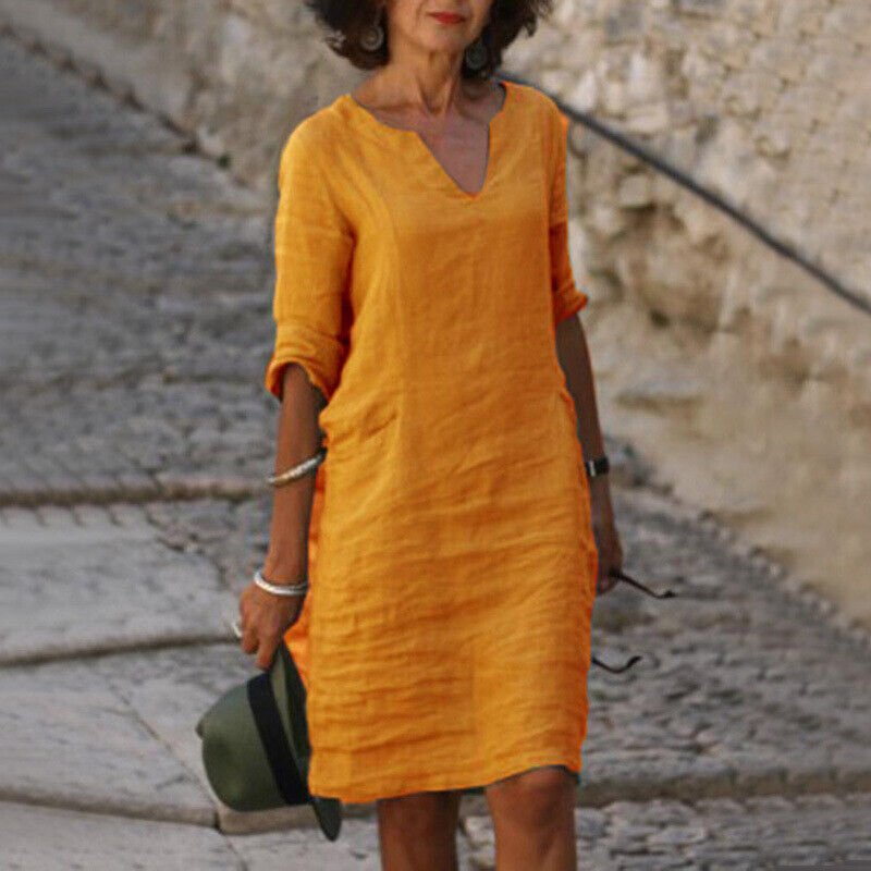 Dames Linnen Zomerjurk Losse Pasvorm Casual Comfortabel Lente Zomer - Oranje / Zwart / Khaki - Maelen