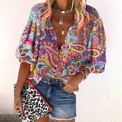 Dames Printed Blouse Knoopsluiting Halflange Mouwen Loszittend - Groen / Roze / Rood - Maelen