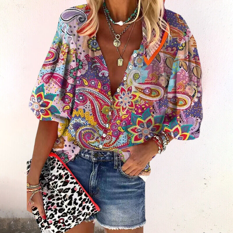 Dames Printed Blouse Knoopsluiting Halflange Mouwen Loszittend - Groen / Roze / Rood - Maelen