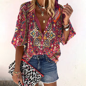 Dames Printed Blouse Knoopsluiting Halflange Mouwen Loszittend - Groen / Roze / Rood - Maelen