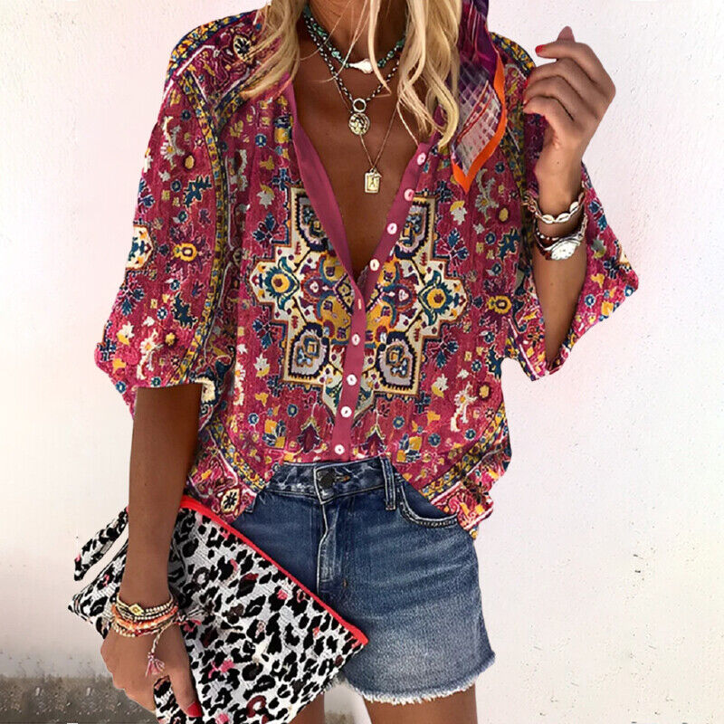 Dames Printed Blouse Knoopsluiting Halflange Mouwen Loszittend - Groen / Roze / Rood - Maelen