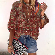 Dames Printed Blouse Knoopsluiting Halflange Mouwen Loszittend - Groen / Roze / Rood - Maelen
