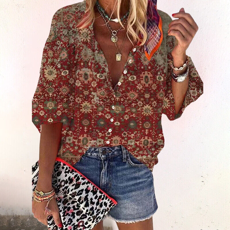 Dames Printed Blouse Knoopsluiting Halflange Mouwen Loszittend - Groen / Roze / Rood - Maelen