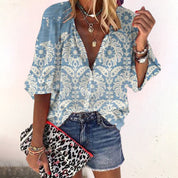 Dames Printed Blouse Knoopsluiting Halflange Mouwen Loszittend - Groen / Roze / Rood - Maelen