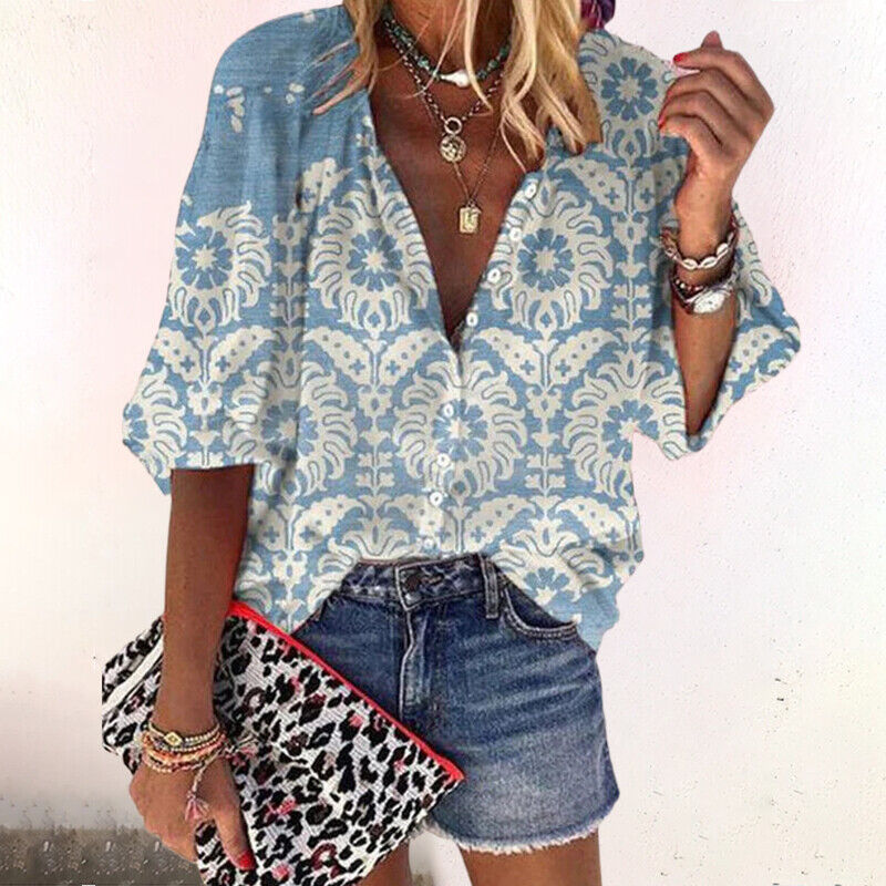 Dames Printed Blouse Knoopsluiting Halflange Mouwen Loszittend - Groen / Roze / Rood - Maelen