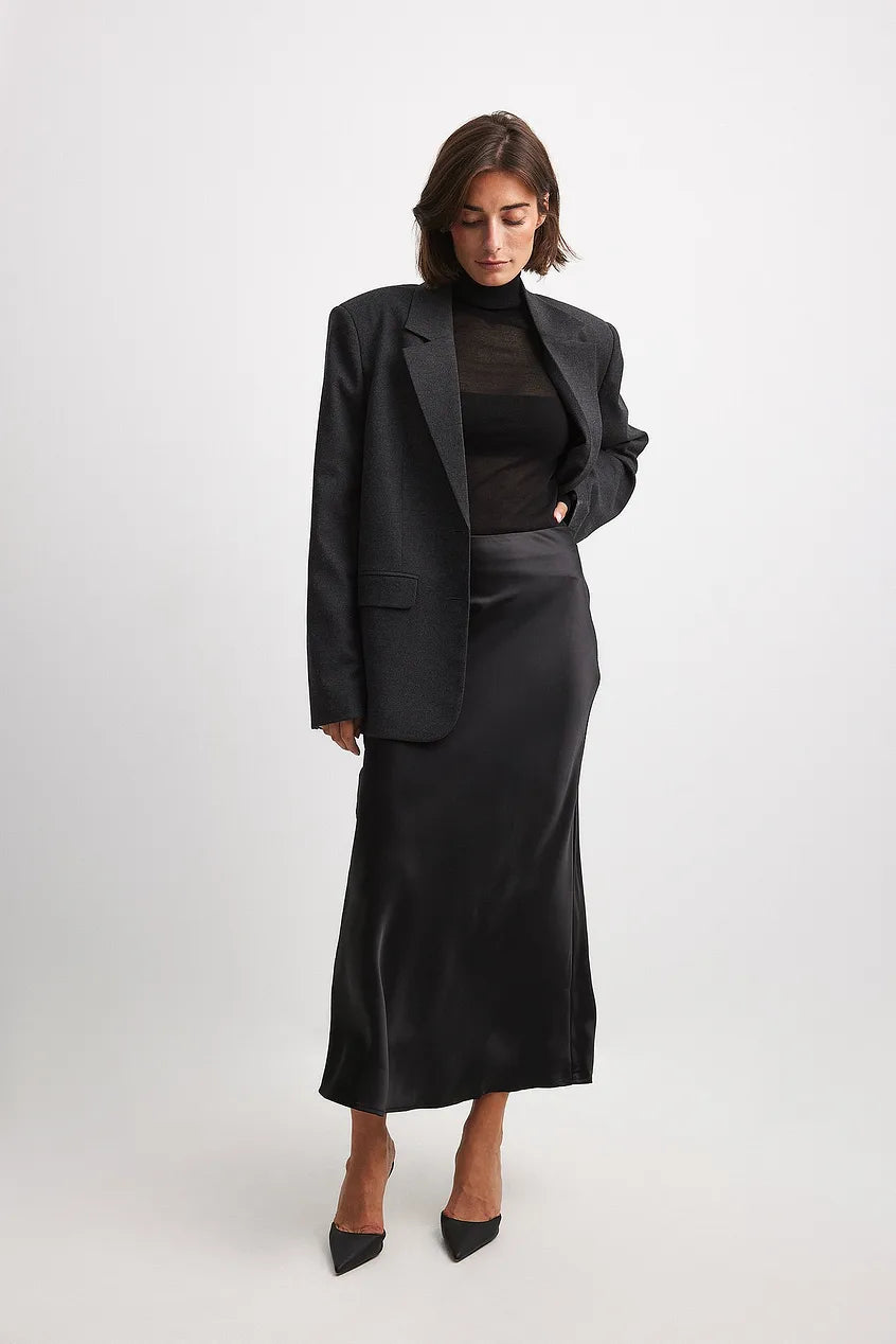 Chiara Satijnen Midi-Rok Dames – Elegante Rok met Hoge Taille en Glanzende Afwerking