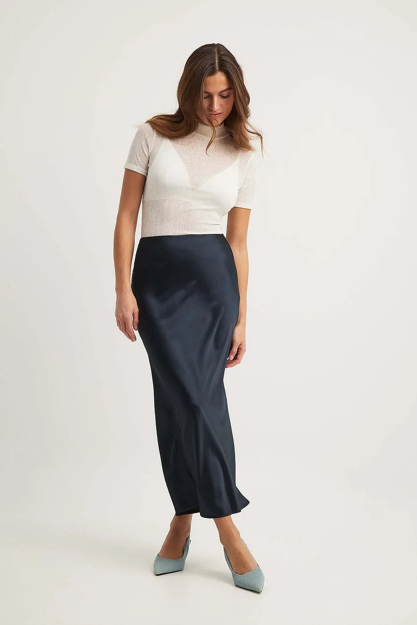 Chiara Satijnen Midi-Rok Dames – Elegante Rok met Hoge Taille en Glanzende Afwerking