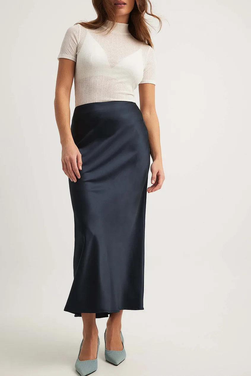 Chiara Satijnen Midi-Rok Dames – Elegante Rok met Hoge Taille en Glanzende Afwerking
