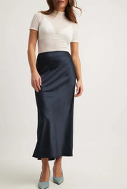 Alessia Satijnen midi-rok dames – Elegante hoge taille rok met glanzende afwerking