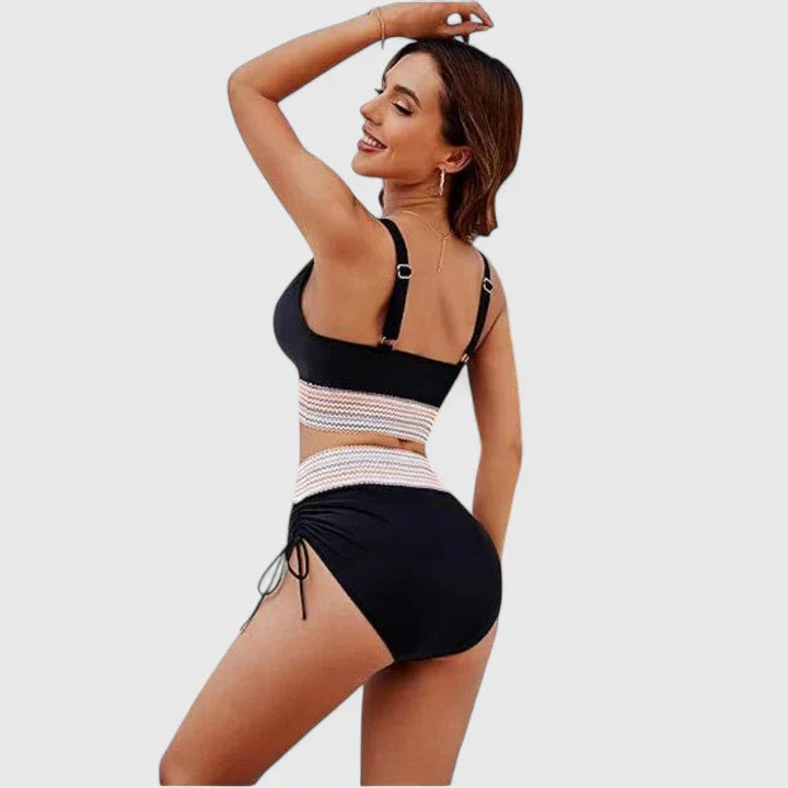 High Waist Bikini Set Dames met Diepe V-hals, Kruisende Bandjes en Kleurblok Design - Valentina Costa