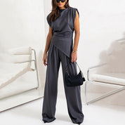 Tweedelige Set Dames Top en Broek Asymmetrisch Effen - Donkergrijs / Wit / Khaki - Maelen