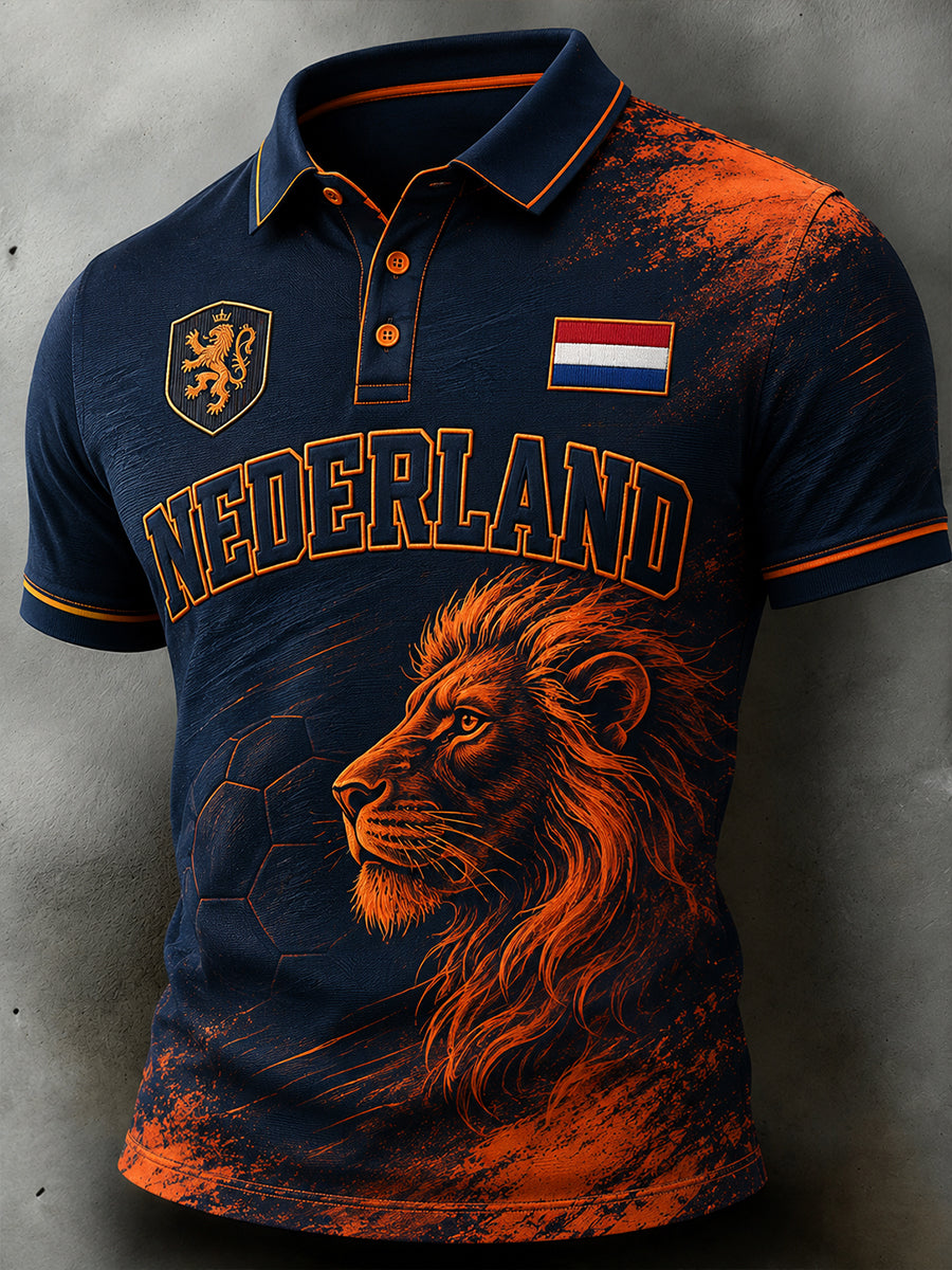 Poloshirt Heren Slim Fit WK Nederlands Elftal Leeuw Print - Donkerblauw/Oranje