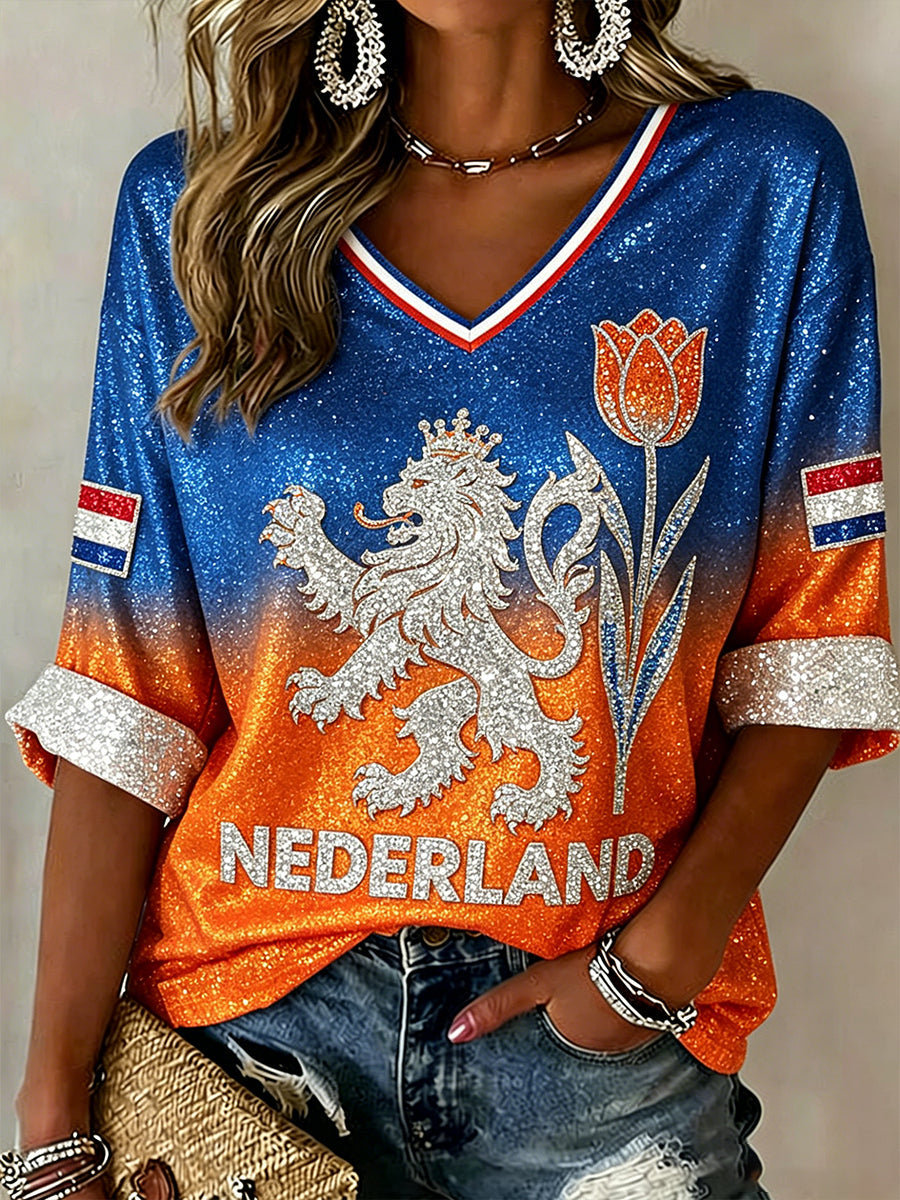 Top Dames Getailleerd V-hals WK Glitter Leeuw - Blauw/Oranje