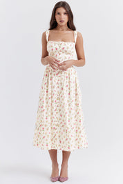 Sofia Jurk | Gele Midi Zomerjurk met Bloemenprint en Verstelbare Bandjes