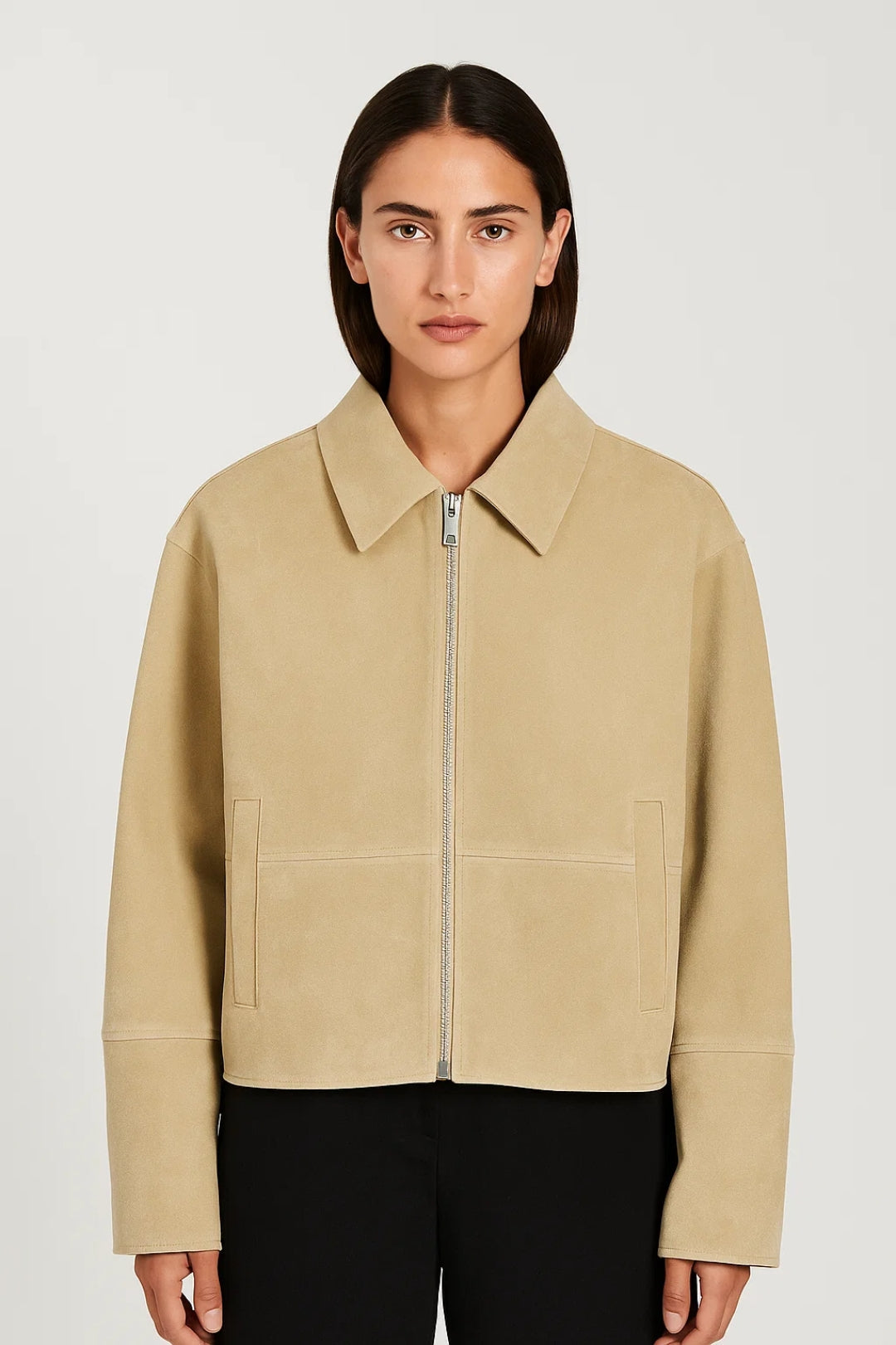 Dames Korte Jas Ritssluiting Minimalistisch Strak - Beige / Donkerbruin - Maelen