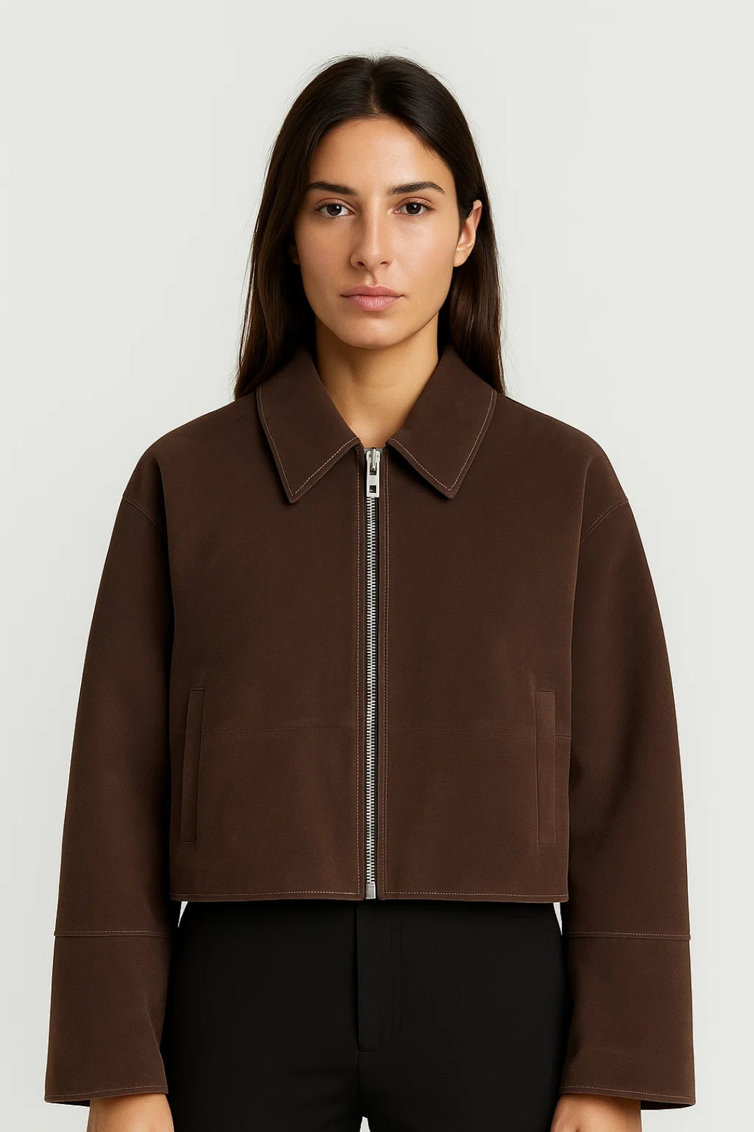 Dames Korte Jas Ritssluiting Minimalistisch Strak - Beige / Donkerbruin - Maelen