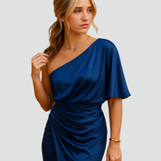 Asymmetrische Satijnen Cocktailjurk met Eén Schouder en Split voor Dames, Galajurk - Blauw/Zwart/Goud