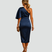 Asymmetrische Satijnen Cocktailjurk met Eén Schouder en Split voor Dames, Galajurk - Blauw/Zwart/Goud