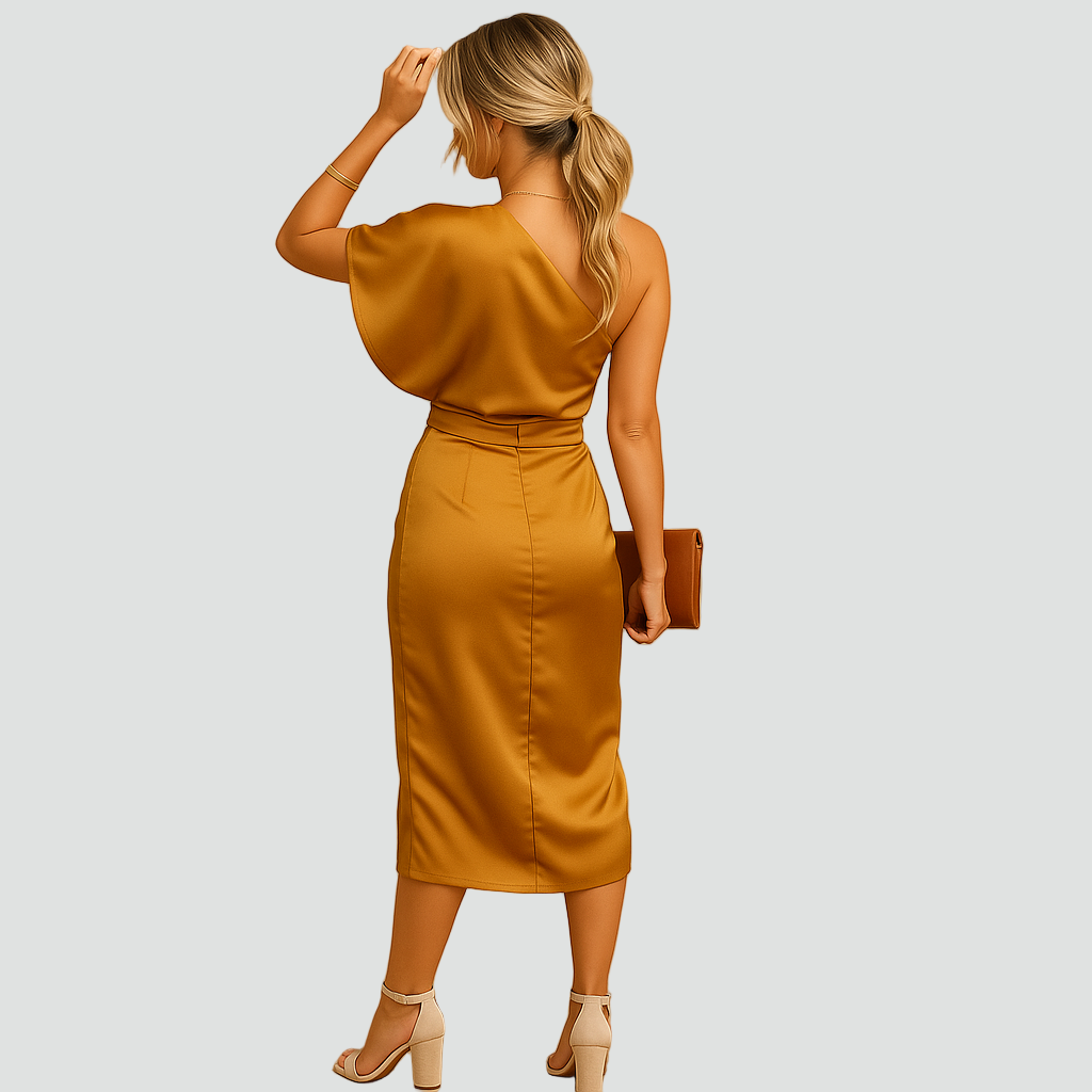 Asymmetrische Satijnen Cocktailjurk met Eén Schouder en Split voor Dames, Galajurk - Blauw/Zwart/Goud