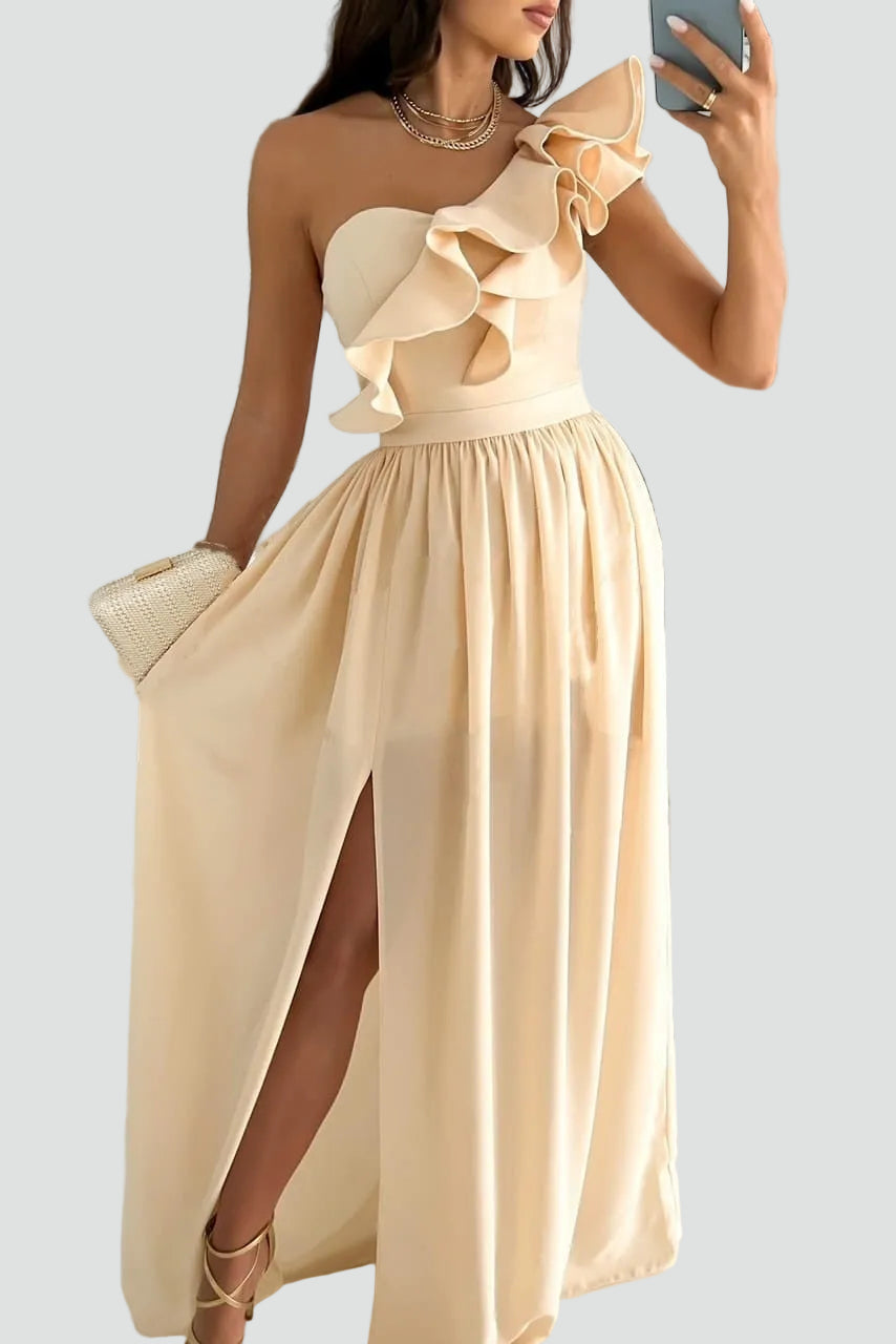 Maxi Avondjurk voor Bruiloft met Split en Volant, One Shoulder Galajurk - Beige/Rood/Zwart