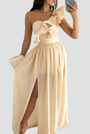 Maxi Avondjurk voor Bruiloft met Split en Volant, One Shoulder Galajurk - Beige/Rood/Zwart