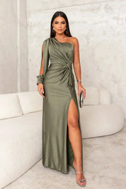 Dames Satijnen Maxi Jurk One Shoulder Gedrapeerd Split Galajurk - Turquoise / Zwart / Roze - Maelen