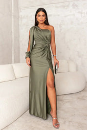 Dames Maxi Jurk met Split One Shoulder Elegant Feestelijk Vloerlengte - Turkoois / Olijfgroen / Marineblauw - Maelen