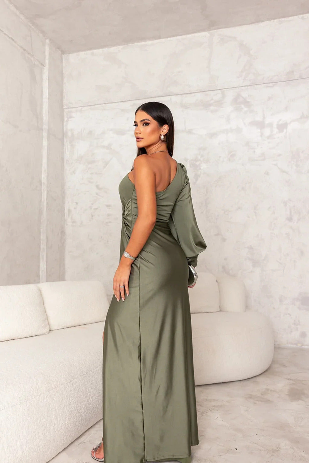 Dames Maxi Jurk met Split One Shoulder Elegant Feestelijk Vloerlengte - Turkoois / Olijfgroen / Marineblauw - Maelen