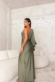 Dames Satijnen Maxi Jurk One Shoulder Gedrapeerd Split Galajurk - Turquoise / Zwart / Roze - Maelen
