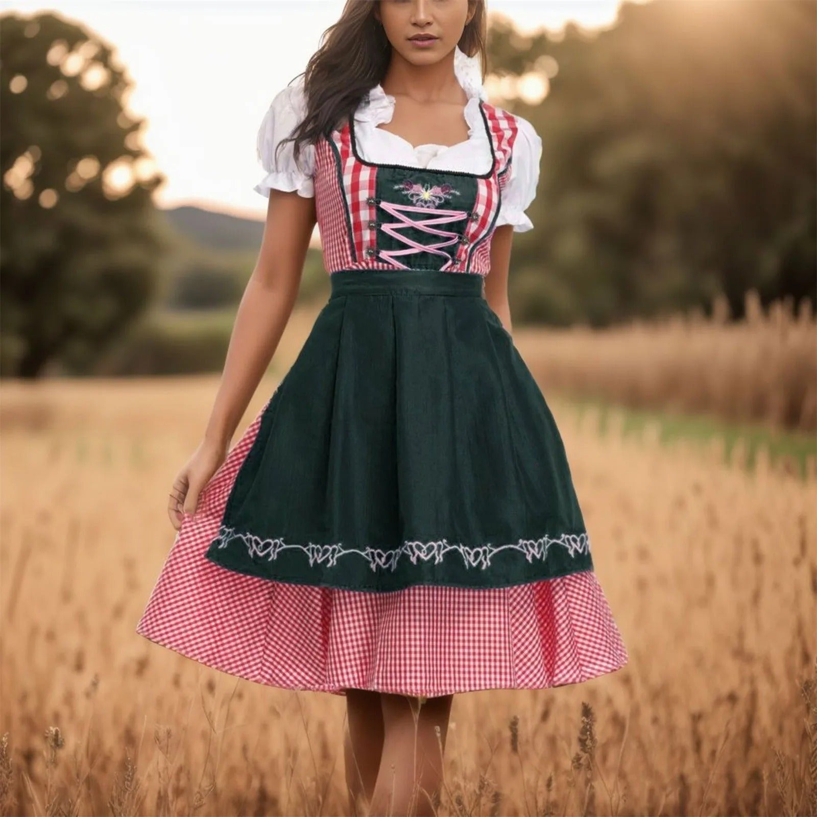 Loretta Dirndl Jurk | Beierse Oktoberfest-jurk met Korsetdetail, Pofmouwen en Schort
