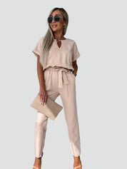 Damesoveral met Korte Mouwen en Ceintuur in de Taille, Jumpsuit met V-hals - Donkerroze/Lichtroze/Zwart