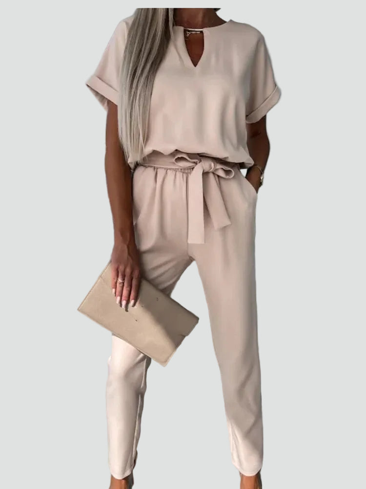Damesoveral met Korte Mouwen en Ceintuur in de Taille, Jumpsuit met V-hals - Donkerroze/Lichtroze/Zwart