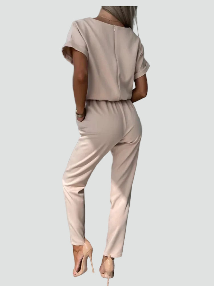 Damesoveral met Korte Mouwen en Ceintuur in de Taille, Jumpsuit met V-hals - Donkerroze/Lichtroze/Zwart
