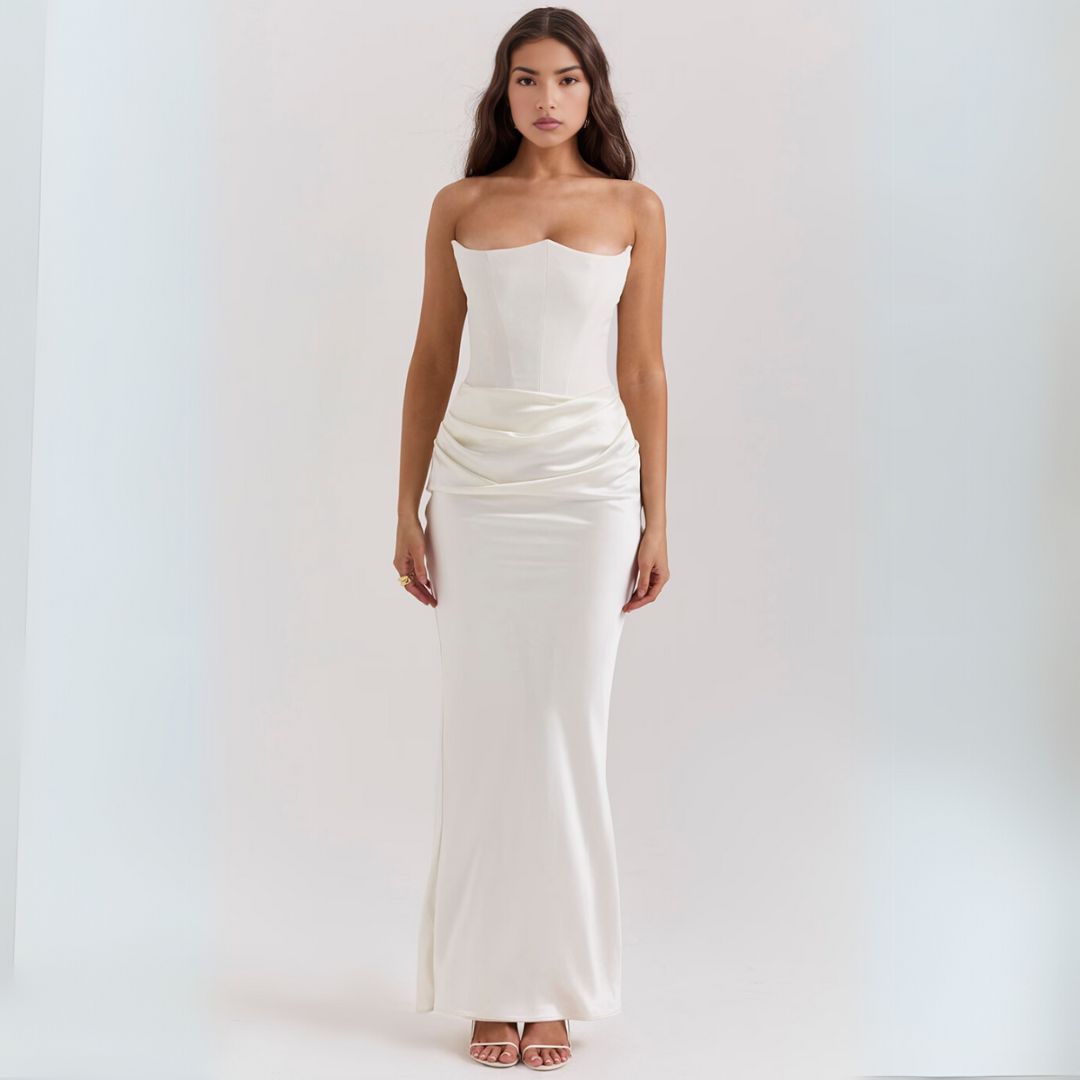 Alessia dames satijnen strapless corsetjurk – elegante maxi-jurk met geplooid detail