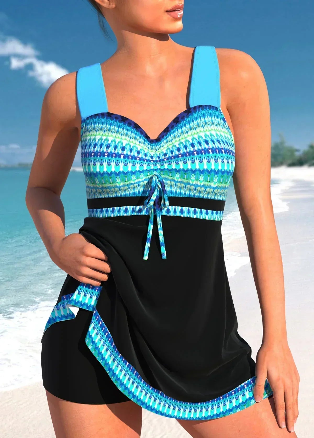 Dames Badpak Eendelig Bohemian Print V-hals - Grijs / Blauw - Maelen