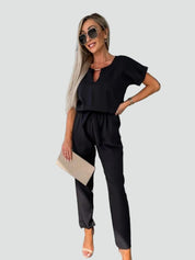 Damesoveral met Korte Mouwen en Ceintuur in de Taille, Jumpsuit met V-hals - Donkerroze/Lichtroze/Zwart